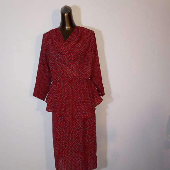 cowl-neck, peplum, floral print crepe, knee-length dress, vintage late 1970s-80s - Picture 2 of 15